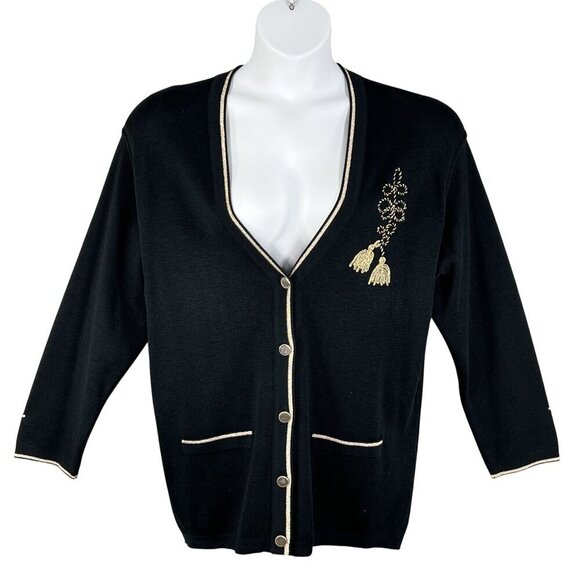 Talbots Womens XL Black Wool Cardigan Gold Embroidery Italy Made Button Up Artsy - Picture 1 of 16